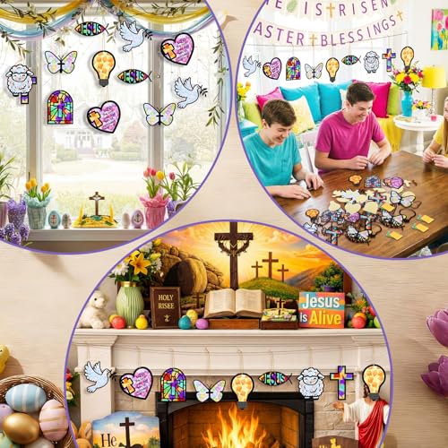 DoubleFill 48 Pcs Religious Suncatchers Craft Kit DIY Christian Vbs Craft Kit Bible Verse Stained Glass Effect Tissue Paper Kits Bulk for Spring Christian Window Decor Home Ornament Party Art Activity - style: Religious Cross