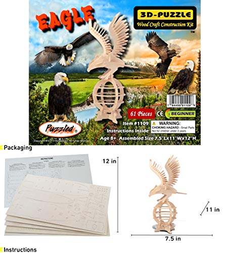Puzzled 3D Puzzle Eagle Wood Craft Construction Model Kit, Fun, Unique & Educational DIY Wooden Toy Assemble Model Unfinished Crafting Hobby Puzzle to Build & Paint for Decoration 61 Pieces Pack