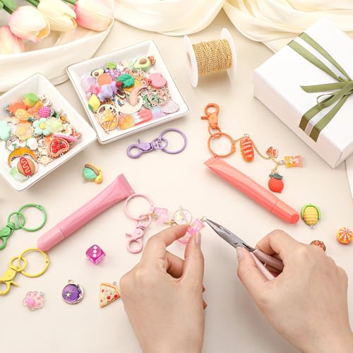 VioraWhite 213 Pcs Keychain Making Kit Bag Charm Kit Cute Lip Gloss Keychain 100 Pink Enamel Charms 32.81 ft Gold Chains for DIY Crafts Women - style: Cute