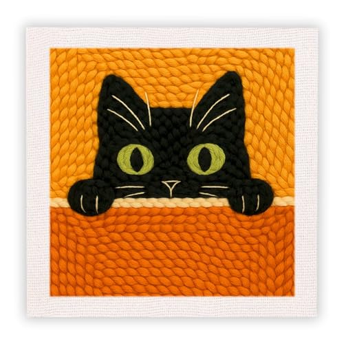 SDOYUNO Punch Needle Kit with Frame for Adults Beginners Kits 9.84 x 9.84 Inch Embroidery Starter Kits Punch Needle Kit with Black Cat Pattern, Threader, Yarns, Rug Punch, DIY Craft Kits (Black) - color: black