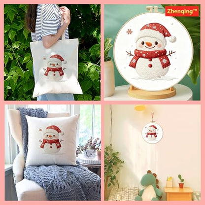 Zhenqing Snowman Embroidery Kit for Beginners, Christmas Winter Needlework Kit with Pre-Printed Cotton Fabric, 20cm Hoop, Threads & Tools (C0146) - style: Christmas Snowman
