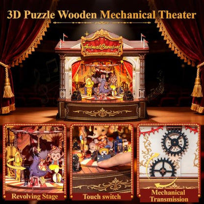 CUTEBEE 3D Wooden Puzzles Music Box - DIY Theater Model Kit with LED Light, 413 Pcs Rotating Miniature House Kit for Adults, Home Bookshelf Decor, Birthday Valentines Day Gifts (Animal Carnival)