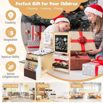 HONEY JOY Kids Art Easel, 6-in-1 Wooden Double-Sided Toddler Table & Chair Set w/Adjustable Magnetic White Board & Chalkboard, Paper Roll, Bookshelf, Storage, Kids Art Table and Chair (Coffee) - style: Coffee