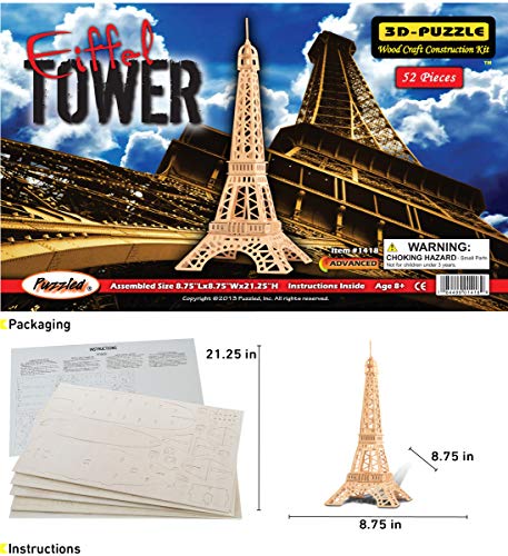 Puzzled 3D Puzzle Eiffel Tower Wood Craft Construction Kit, 52 Pieces Pack
