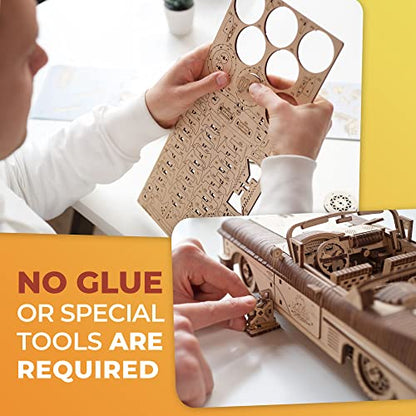 UGEARS Dream Cabriolet VM-05 + Three-Wheeler UGR-S Motorcycle - Wooden 3D Puzzles for Adults - 3D Wooden Puzzles for Adults