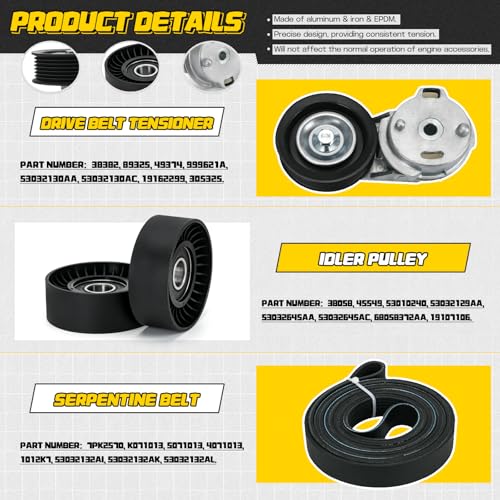 38382 Drive Belt Tensioner Pulley and Serpentine Belt Assembly Kit Fit for Dodge Ram 1500/2500/3500 5.7L V8 2003-2008 Replace # 53032130AA 53032130AC 38058 7PK2570 - size: 90K-38382