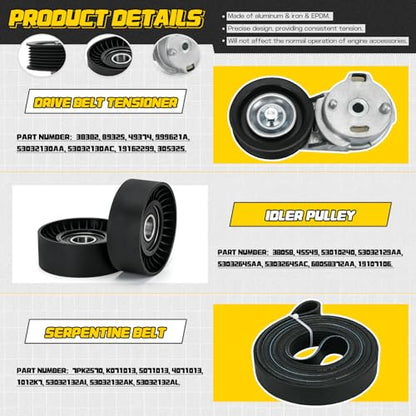 38382 Drive Belt Tensioner Pulley and Serpentine Belt Assembly Kit Fit for Dodge Ram 1500/2500/3500 5.7L V8 2003-2008 Replace # 53032130AA 53032130AC 38058 7PK2570 - size: 90K-38382