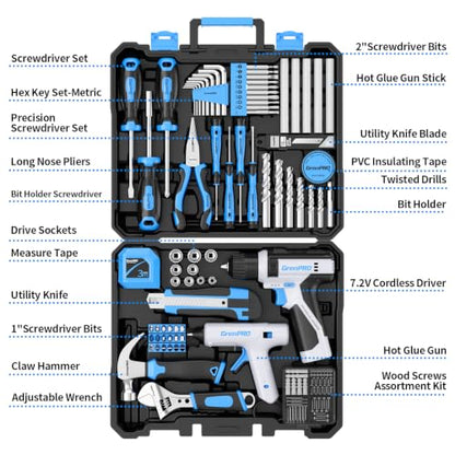 GRENPRO 188PC Blue Cordless Drill Tool Set for Wo&Men Tool Kit for Home Box - style: Blue Power Drill Set 188PC