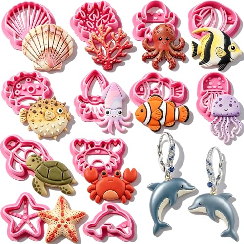 18Pcs Ocean Life Polymer Clay Cutters Set Sea Creatures Mini Clay Earring Cutters Summer Marine Animals Turtle Dolphin Jellyfish Seashell Polymer Jewelry Cutter for Earrings Crafts DIY Tool Supplies