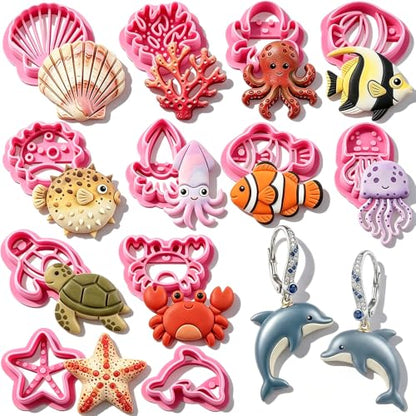18Pcs Ocean Life Polymer Clay Cutters Set Sea Creatures Mini Clay Earring Cutters Summer Marine Animals Turtle Dolphin Jellyfish Seashell Polymer Jewelry Cutter for Earrings Crafts DIY Tool Supplies