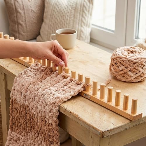 46" Adjustable Wooden Knitting Frame Kit for Chunky Blankets – Large DIY Yarn Weaving Tool for Thick Throws, No Needles, Beginner Friendly Craft for Home Decor & Relaxation