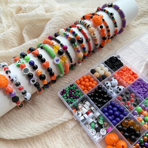 LLchunyun Halloween Beads for Bracelet Making Kit,2069Pcs Clay Bead Acrylic Beads for Jewelry Making Pumpkin Gold Spacer Seed Bead with Charms Friendship Bracelets Making Kit for Halloween DIY Crafts