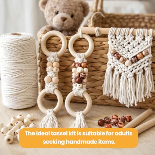 111PCS Macrame Plant Hanger DIY Knitting Kit – 109Yd 3mm Cotton Cord, 8PCS Wood Rings 100PCS Beads 2PCS Sticks, Craft Set Ideal for Macrame Starter Kit