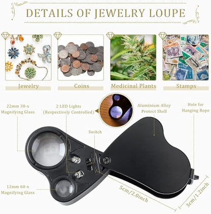 High Accuracy Diamond Tester,Jewelry Diamond Detector Gem Pen 30X 60X Illuminated Eye Loupe Mini Led Foldable Magnifying Jewelry Distinguish Tool and Tweezers