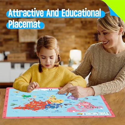 6 Pack Placemats for Kids, Non-Slip Washable, Reusable Alphabet, Number, Shape, Color, America & World Map Themed Educational Placemats for Home, Kindergarten, Classroom, Nursery - style: Education-C
