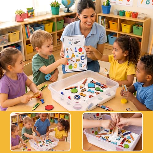 Beeveer 22 Pcs Sensory Bin Fillers for Kids Back to School Sensory Toy Kit Counting Sorting Fine Motor Toys with Simulated Sugar, Bin, Wood Chip and Spoon for Girl Boy Preschool Education Activities