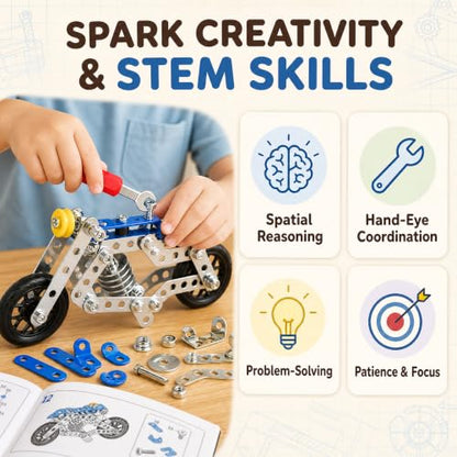 Ferthor Fun Creative Set Motorcycle,Stem Building Projects Toys for Kids 8 9 10 11 12+ Year Old,Metal Building Construction Model kit, 5 in 1 Motobike Building Blocks Steam Educational Toys(139PCS) - size: Motorcycle series 139PCS