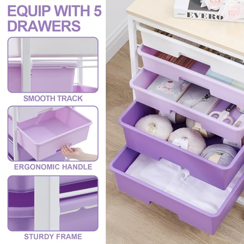 SYKIARIOL Utility Cart with 5 Drawers with Wooden Top,Purple - color: Purple