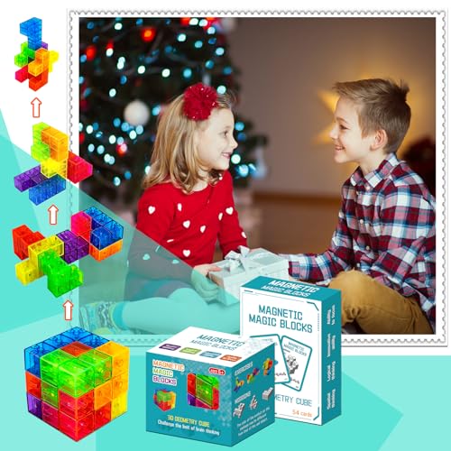 Magnetic Building Blocks Magic Magnetic 3D Puzzle Cubes, Set of 7 Multi Shapes Magnetic Blocks with 54 Guide Cards, Parent-Child Interactive Children's Educational Toys (7 Color) - color: 7color