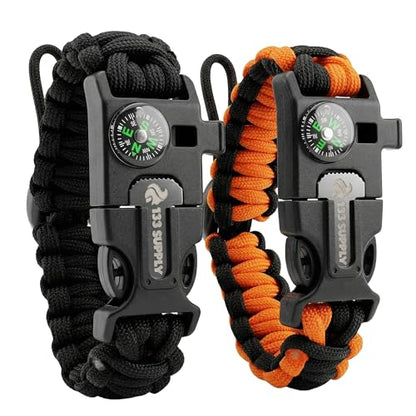 Tactical Paracord Survival Bracelets - style: 1 Black Bracelet - 1 Orange w/ Black Bracelet