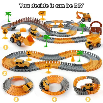 Construction Race Car Track Set for Kids - Flexible Engineering Toys with 2 Electric Cars, Birthday Gift for 3 4 5 6 7 Year Old Boys, DIY Road Games Playset with 220+ PCS - color: Construction Race Track Set