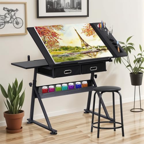 ZENY Adjustable Drafting Table with Stool Tilting Drawing Desk Artist Table - color: Black