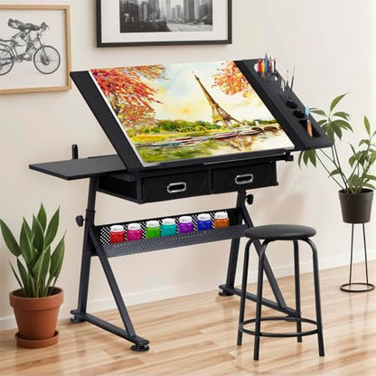 ZENY Adjustable Drafting Table with Stool Tilting Drawing Desk Artist Table - color: Black