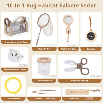 Wooden Bug Catching Kit for Kids - 10 PCS Outdoor Exploration Set with Bug Habitat, Magnifying Glass, Bug Container &Other Adventure Kit —STEM Educational Toy for Boys & Girls Ages 4-8