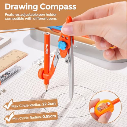 Nicpro 17 PCS Geometry Set, Protractor and Compass Set for School Students