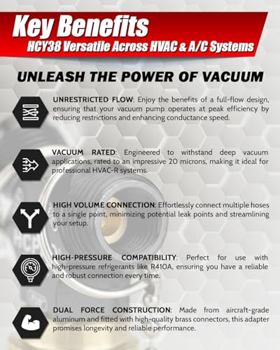 HCPRO HCY38 Quick-Y Adapter for Unrestricted Vacuum Flow - 3/8 in x 3/8 in Male x 3/8 in SAE Female Connection HVAC Refrigeration Evacuation Tool