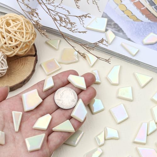 Youway Style 200g Iridescent Cream Glass Mosaic Tiles for Crafs Bulk - color: yellow green tint, size: 200g