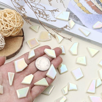 Youway Style 200g Iridescent Cream Glass Mosaic Tiles for Crafs Bulk - color: yellow green tint, size: 200g