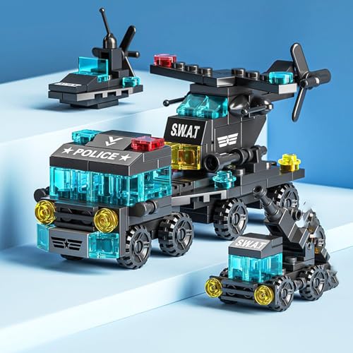 Special Police Building Blocks Toy - 7 in 1 Transformable Police Car Set, SWAT Truck & Helicopter STEM Toys for Kids Ages 6-12, Creative Birthday Gifts for Boys & Girls - color: City Special Police