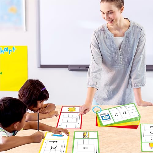 CVC Word Writing Cards, 100 Double-Sided Handwriting Cards 3-Level Short Vowel Spelling Flashcards CVC Sight Words Early Educational Tool for Kids 3 4 5 Years Old (3 Plastic Rings Included) - style: CVC Word Writing Cards