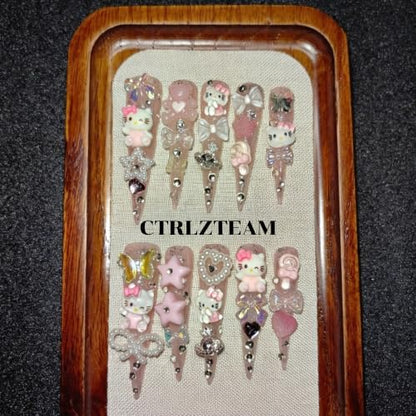 CTRLZTEAM Y2K Kawaii Press on Nails Extra Long Stiletto Pink Glitter Nails - color: Jelly Pink, size: S