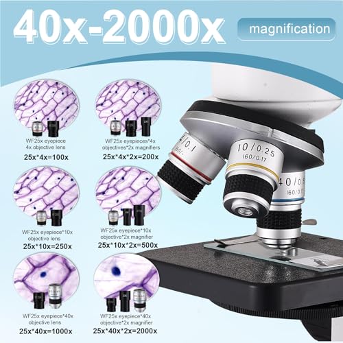 Compound MicroscopeWF10x and WF25x Eyepieces, Slides for Students, Home School Lab Microscope for Adults Suitable for Laboratory School (Bright White)