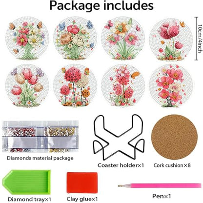 Xylogist 8 Pcs Flowers Diamond Art Coasters with Holder Cork Pads - color: Flowers Butterfly Diamond Art Coasters