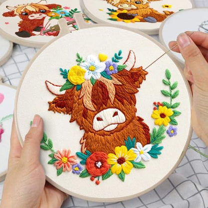 Nuberlic 3 Pack Embroidery Kit for Beginners, Highland Cow Embroidery Kits - color: Highland Cow