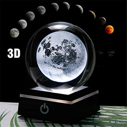 Qianwei 3D Moon Crystal Ball Planet Space Decor Astronomy Science Gift Lamp - style: Moon with black base