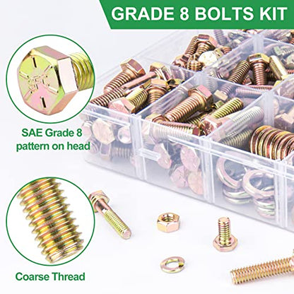 FOLIV 608pcs Grade 8 Bolts and Nuts Assortment Kit, 1/4-20, 5/16-18, 3/8-16, 1/2-13 Heavy Duty Hex SAE Bolts Nuts Washers Assortment Kit - size: 608PCS M6, M8, M10, M12