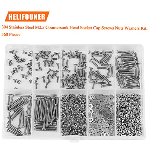 HELIFOUNER 560 Pieces M2.5 x 4mm /6mm /8mm /10mm /12mm /16mm /20mm, Countersunk Head Socket Cap Screws Bolts Washers Nuts Kit, 304 Stainless Steel - size: M2.5, style: Countersunk Head Socket Cap