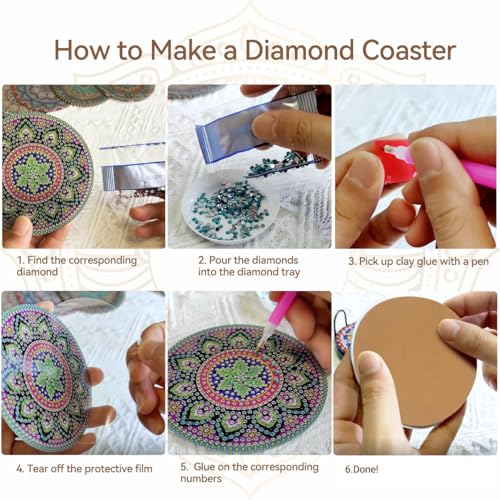 Vcekract 6 Pcs Mandala Diamond Art Coasters Kit for Adults - color: Mandala Coasters