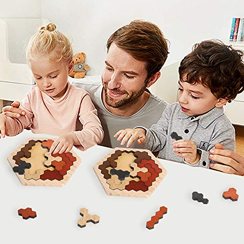 Wooden Hexagon Montessori Tangram Puzzle, STEM Brain Teaser for All Ages