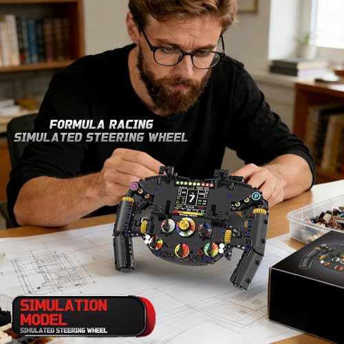 Racing Simulator Steering Wheel Building Set, Mechanical Formula Sim Cars Driving Collectible Model Kit with Moving Parts & Phone Holder for Boys 14+ Adults (Style 2) - color: Black