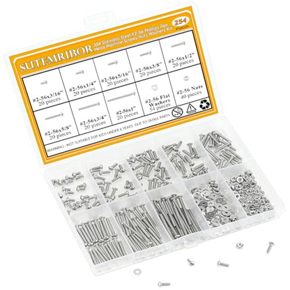 254 Pieces #2-56 x 3/16", 1/4", 5/16", 3/8", 1/2", 5/8", 3/4", 1", Phillips Pan Head Machine Screws Nuts Washers Assortment Kit - size: #2-56, style: Phillips Pan Head