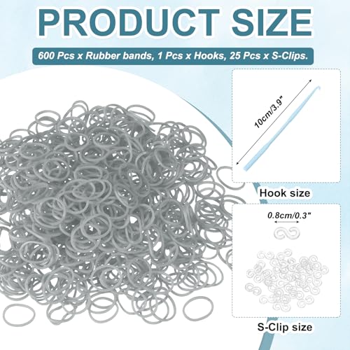 MECCANIXITY 600 Pcs Loom Rubber Bands Kit with 25 Pcs S-Clips 1-Hook Rubber Bands Refill Bracelet Making Kits for Weaving DIY Handcrafts Gift, Gray - color: Gray