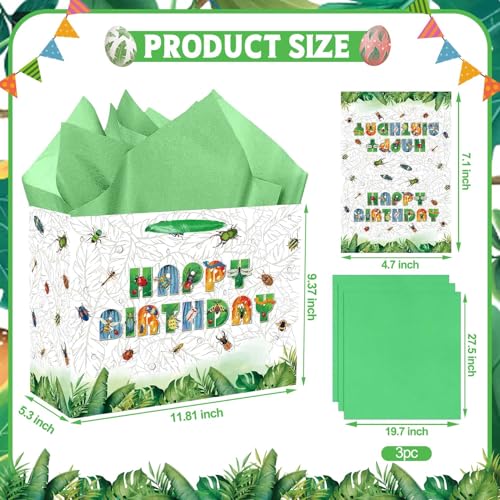Large Bug Gift Bag, Insect Gift Bag with Tissue Paper and Card, Spring Summer Happy Birthday Gift Wrapping for Boys and Girls, Insect Birthday Party Decorations, Baby Shower Bug Party Supplies.