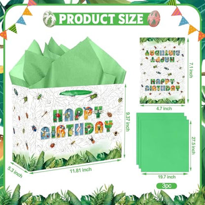 Large Bug Gift Bag, Insect Gift Bag with Tissue Paper and Card, Spring Summer Happy Birthday Gift Wrapping for Boys and Girls, Insect Birthday Party Decorations, Baby Shower Bug Party Supplies.