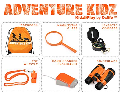 Adventure Kidz - Outdoor Exploration Kit, Binoculars with Case, Flashlight, Compass, Whistle, Magnifying Glass, Backpack, Bundle (28 Items)