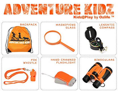 Adventure Kidz - Outdoor Exploration Kit, Binoculars with Case, Flashlight, Compass, Whistle, Magnifying Glass, Backpack, Bundle (28 Items)